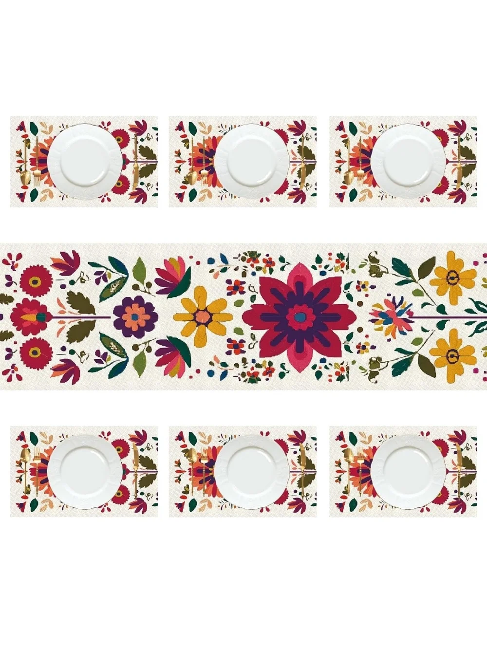 Floral Tile Pattern Table Runner and Placemats Set - Multicolor